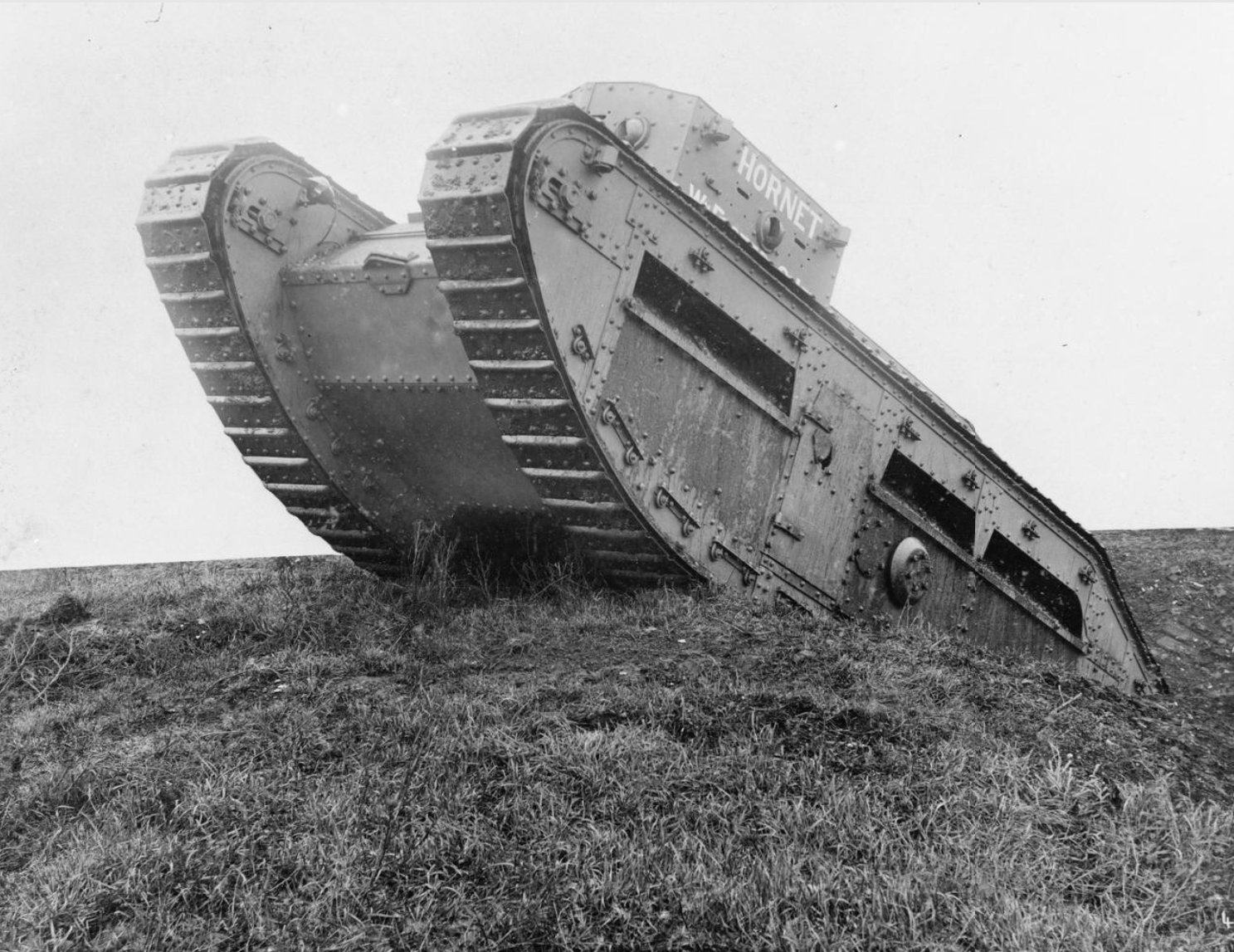 Rear and underside of a Medium Mark C negotiating a slope; IWM Q70982.