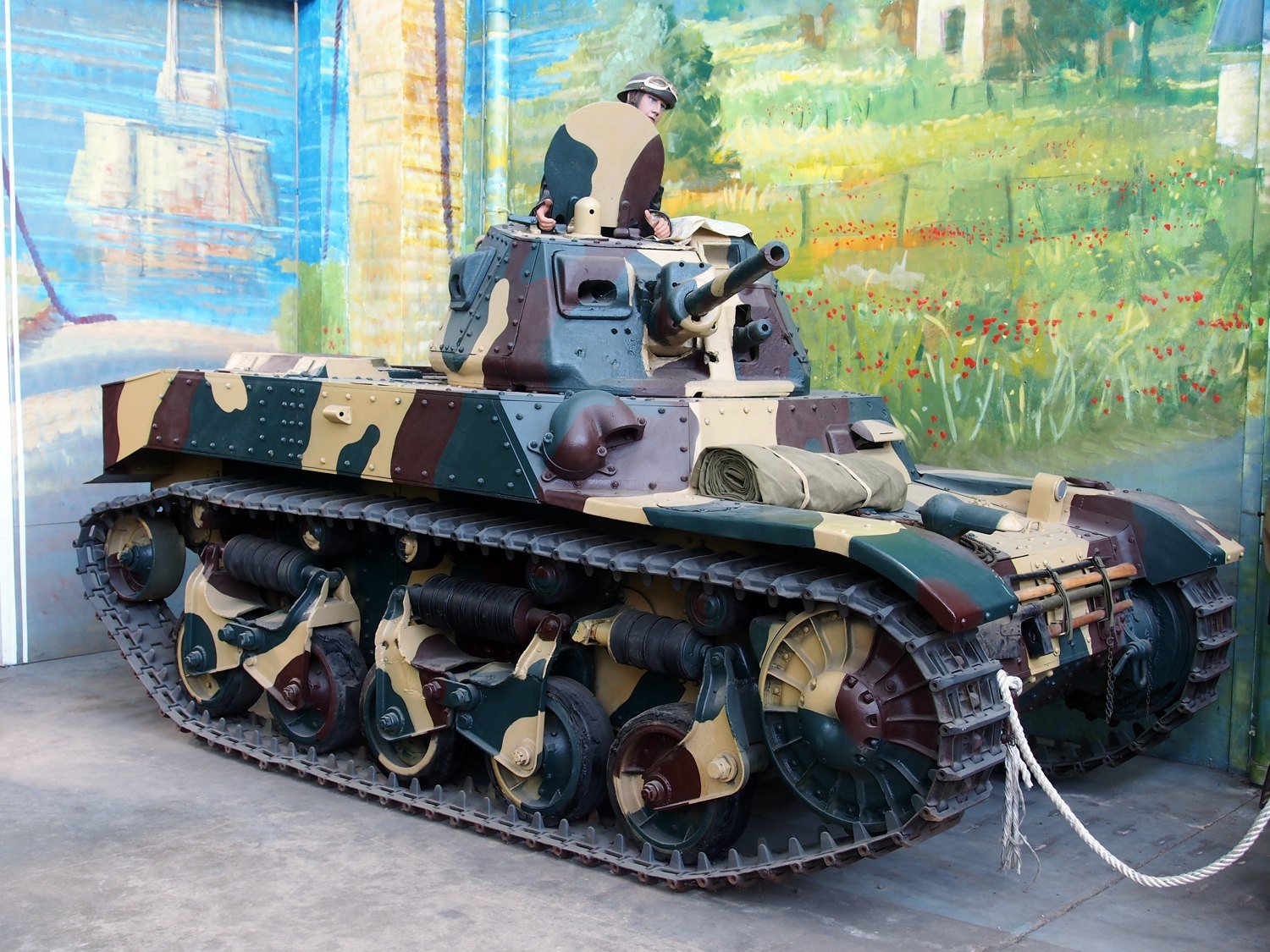 Renault AMC 35 / ACG1 preserved at the Musee des Blindes, Saumur; side view illustrating compact hull and running gear. 11 September 2013. Saumur, France. Source/. restored museum vehicle.