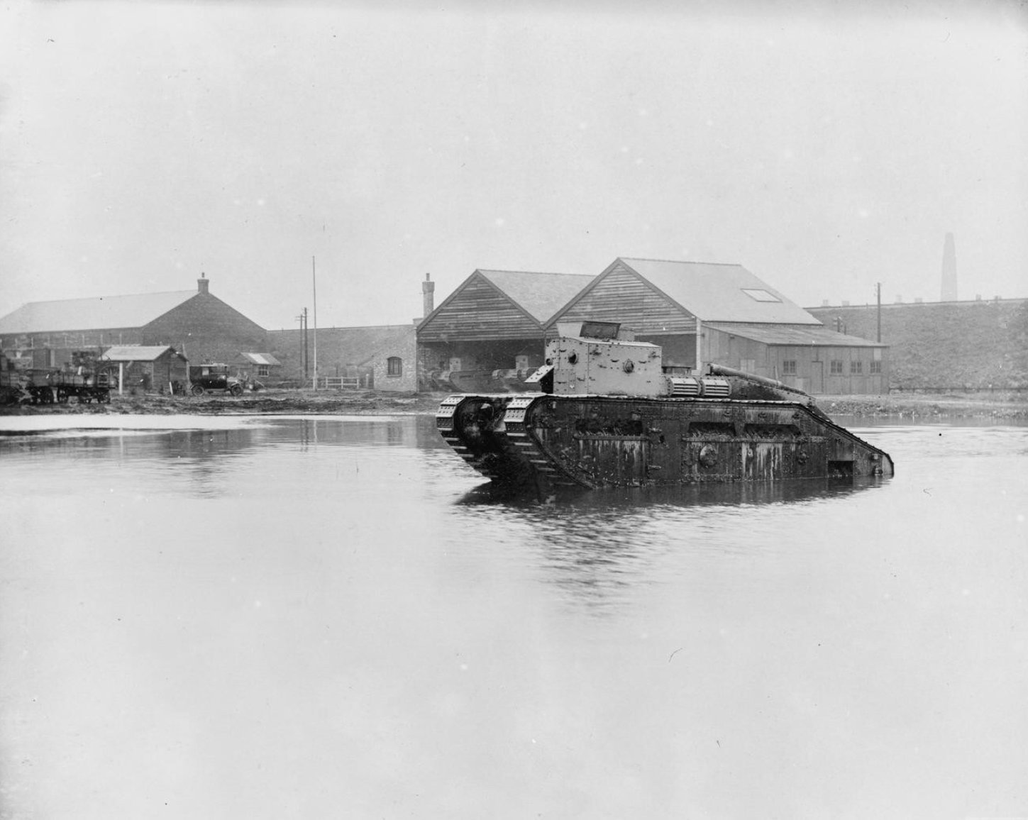 Medium Mark C in a water obstacle,circa1918; IWM Q70985.