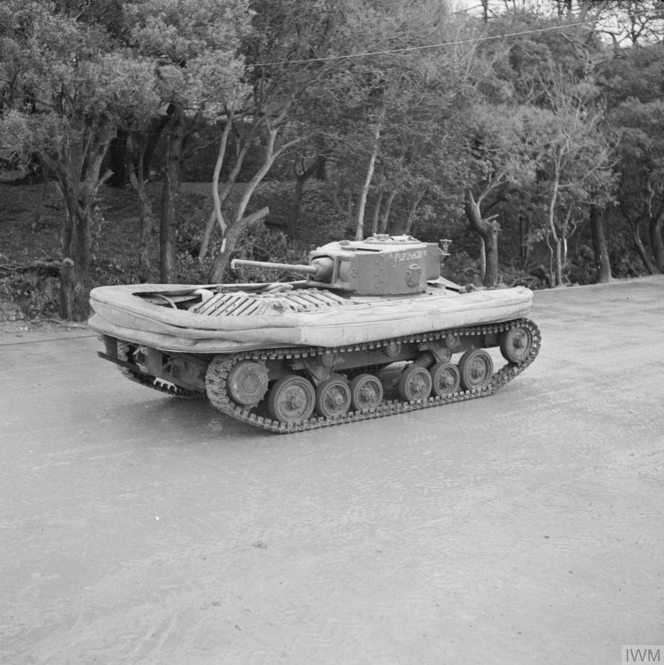 Valentine DD with flotation screen lowered, 79th Armoured Division School, Gosport, 14 January 1944. Source/.