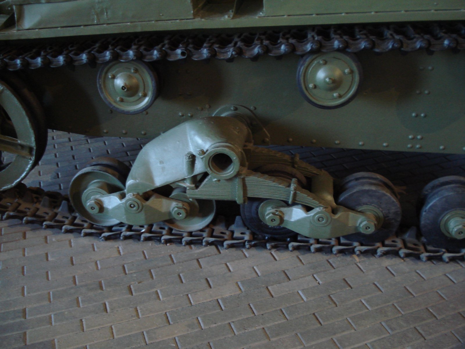 Vickers-family bogie suspension on a Finnish museum vehicle at Suomenlinna,10 June 2006.
