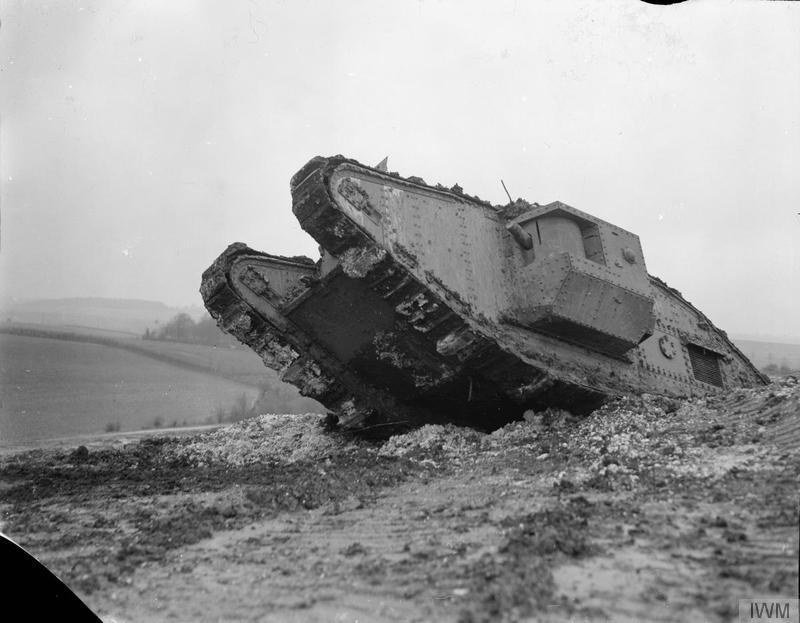 A Mark V tank crossing a trench at the Tank Corps Driving School, Aveluy, in spring 1918; Imperial War Museums photograph Q 9893.
