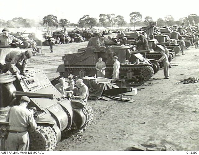 Rows of new American Grant M3 medium tanks at Puckapunyal, Victoria, Australia, 28 May 1942. training/home-defense context, not combat. [AWM-012397].