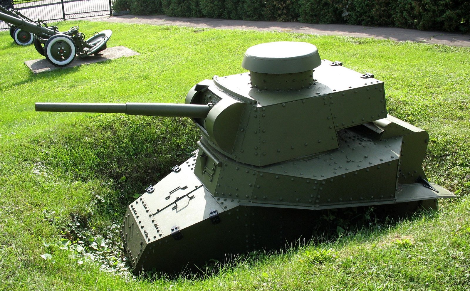 Preserved or restored T-18/MS-1 hull in museum context; missing or reconstructed running gear is part of the display condition.