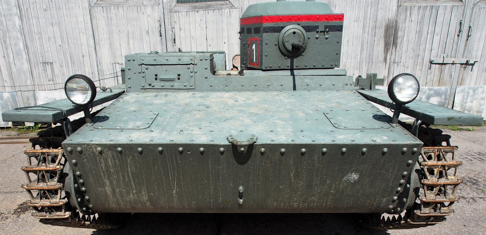 Frontal view of the preserved T-38, showing turret offset and driver’s station.