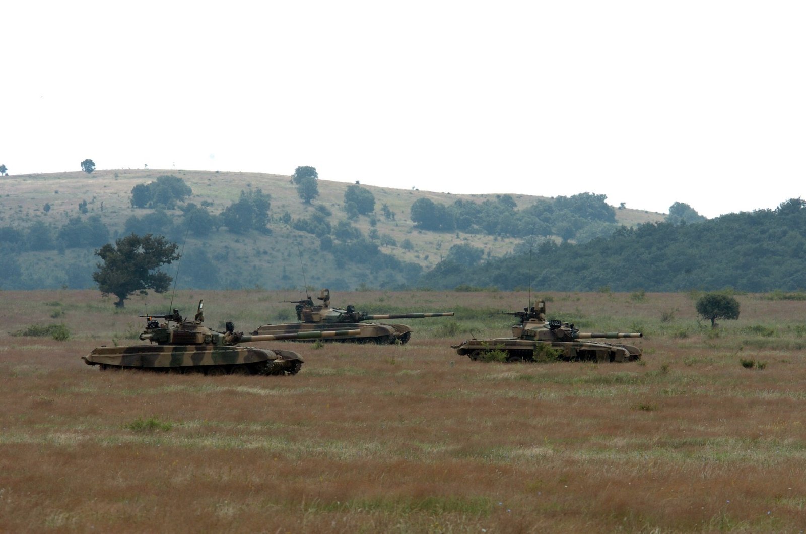 Three Bulgarian T-72 main battle tanks during joint exercise Immediate Response, Novo Selo Training Area, Bulgaria, 16 July 2005.
