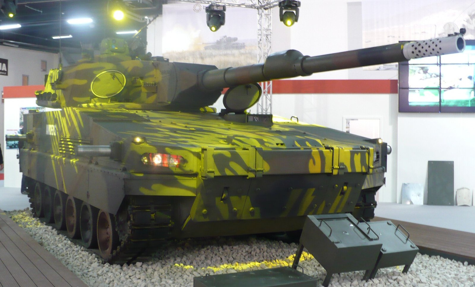 Anders light tank / technology demonstrator at MSPO 2010, Kielce, Poland, 6 September 2010. This view shows the low turret and forward hull arrangement under exhibition lighting.