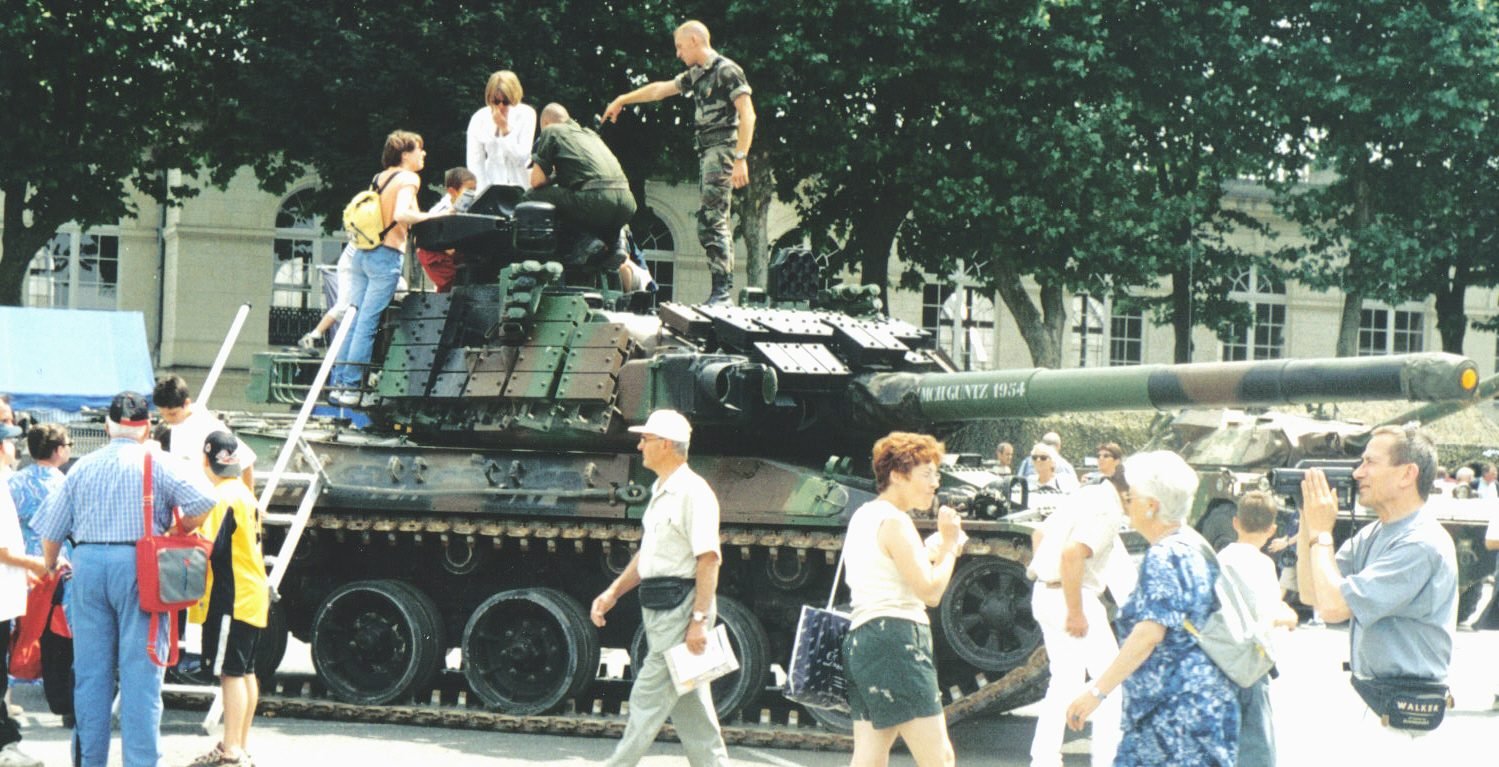 AMX-30B2 Brennus at Saumur, photographed circa 2000. Vehicle identification: AMX-30B2 with Brennus/Brenus reactive armor package. variant name spelling differs across sources; image shows a late-life museum/display configuration.