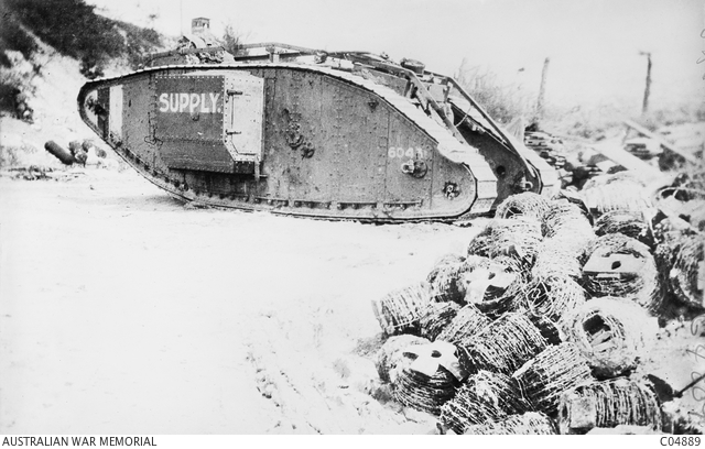 Mark IV Supply Tank moving toward the line near Villers-Bretonneux in August 1918; Australian War Memorial C04889.