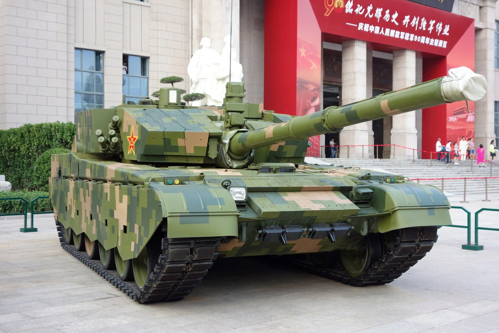 ZTZ-99A / Type 99A front-right view at the Military Museum of the Chinese People’s Revolution, 2 September 2017. Strong reference for Type 99A turret shape, side armor, and hull glacis arrangement; display context.