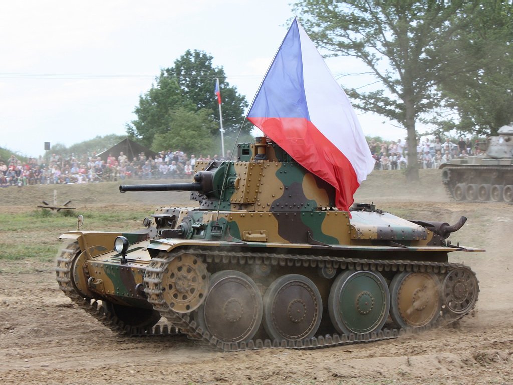 LT-38 / Panzerkampfwagen 38(t) Ausf. A during the 7th Tank Day at the Military Technical Museum in Lešany, 29 August 2009; part of the turret is obscured by a flag.