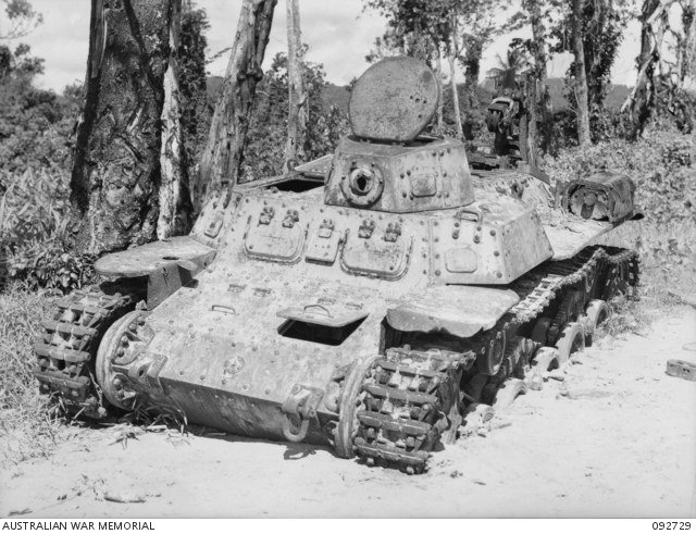 Knocked-out Type 97 Chi-Ha engineer/recovery tank found near Boram, Wewak area, New Guinea, 28 May 1945. important specialized-derivative evidence; not a normal line tank.