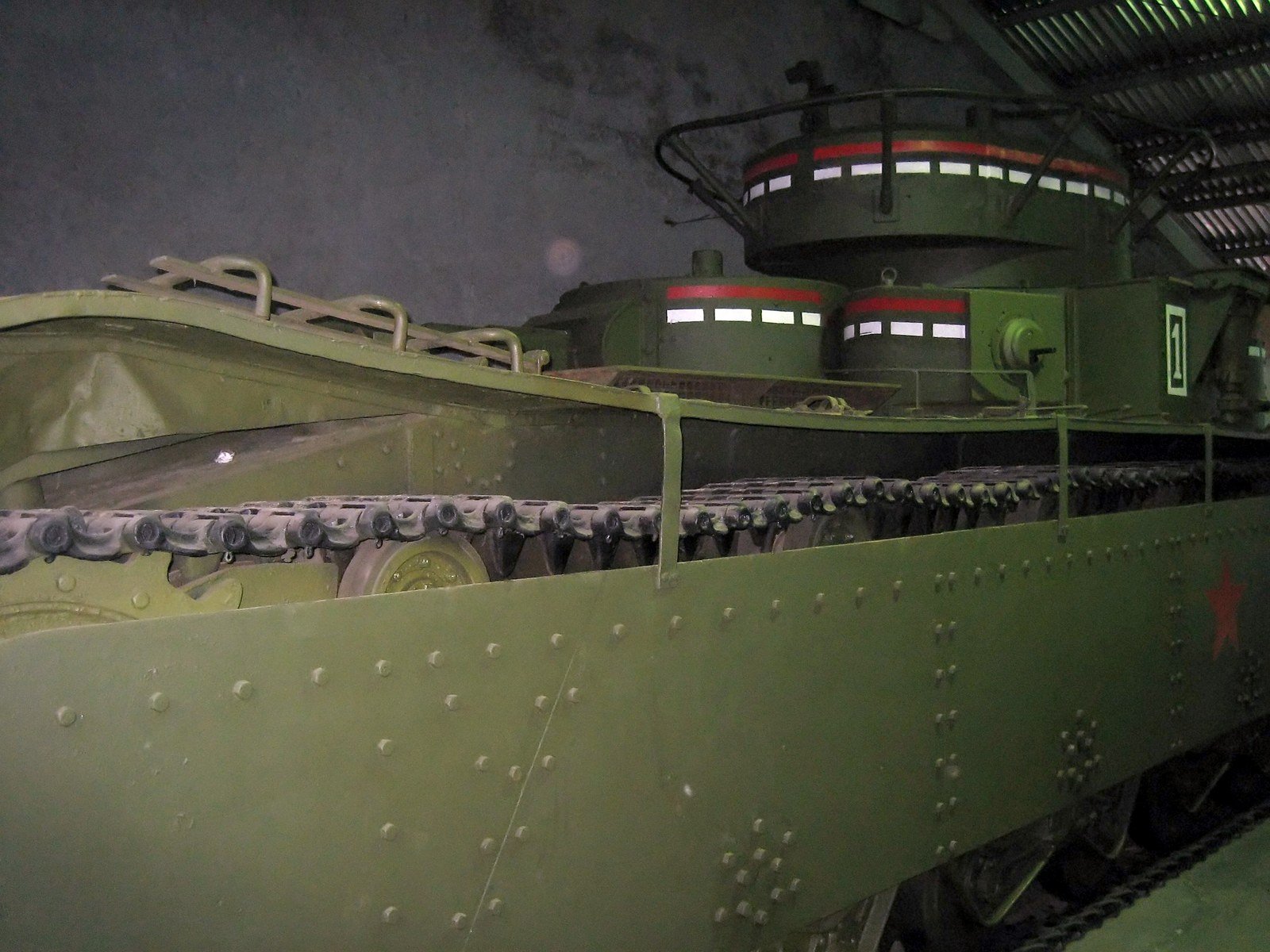 Preserved T-35A at Kubinka in a modern museum view showing the hull side and secondary turrets.