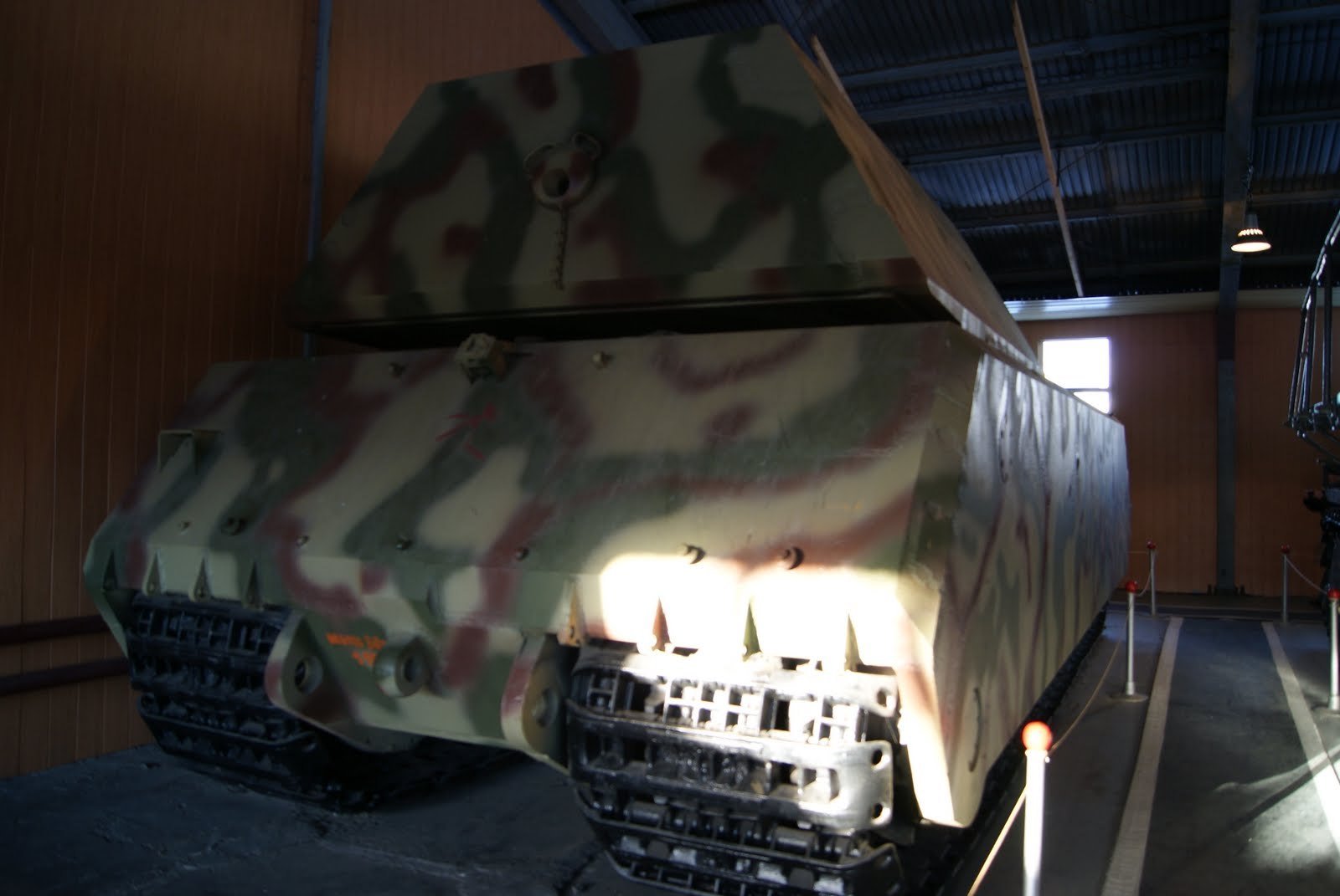 Panzerkampfwagen VIII Maus preserved hybrid, side/rear view. Vehicle identification: V1 hull/V2 turret hybrid. 7 January 2011. Kubinka Tank Museum. Shows side armor, rear deck, and silhouette.