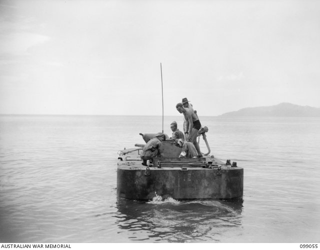 Type 2 Ka-Mi in the water at Talili Bay during Australian post-surrender trials. 20 Nov 1945. Talili Bay, Rabaul, New Britain. shows waterborne posture; captured vehicle.