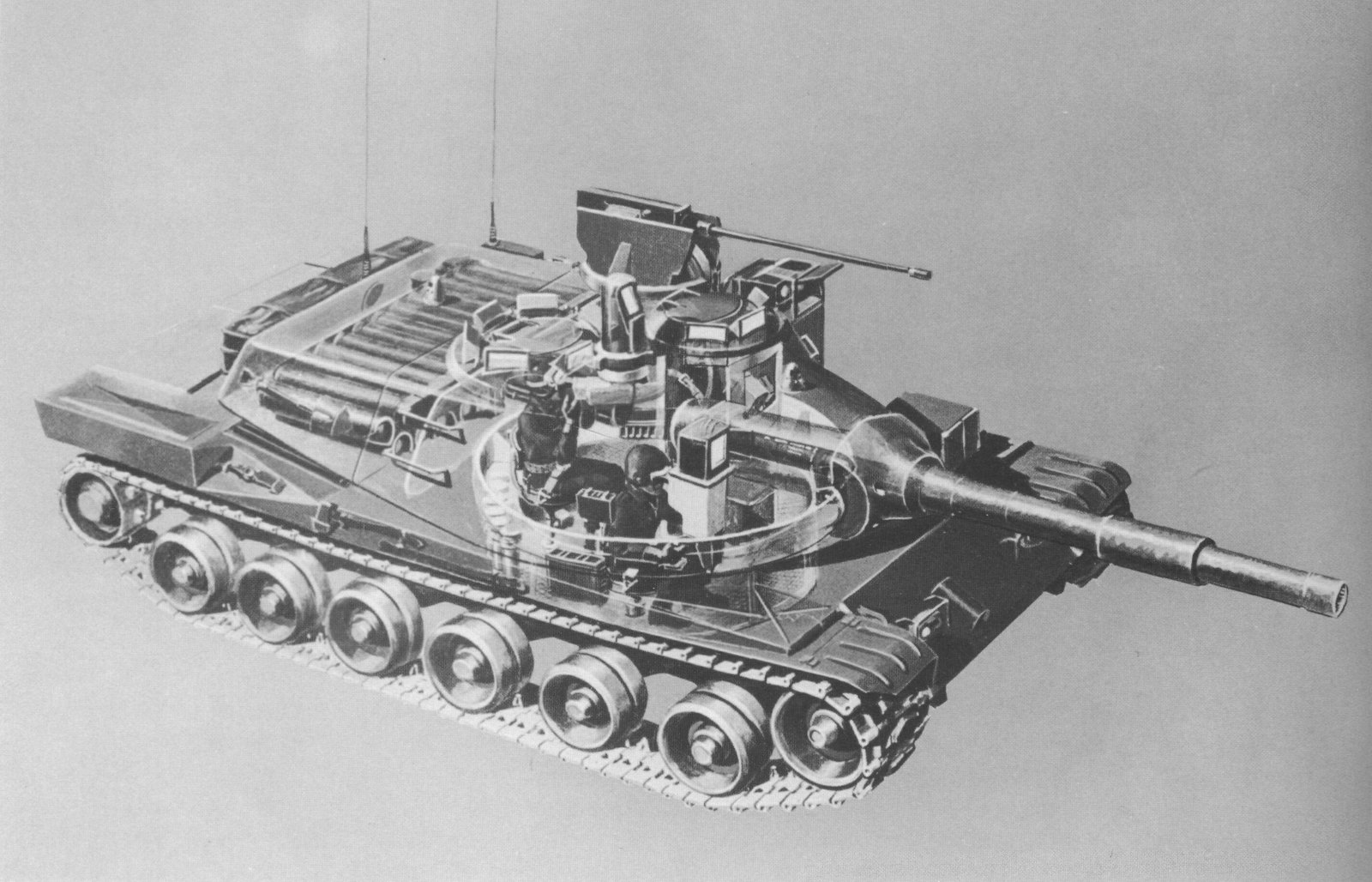 MBT-70 interior arrangement / cutaway illustrating the all-turret crew concept and driver station. not stated on Commons file page. technical illustration, not a photograph; use to explain layout, not armor thickness or ammunition capacity.