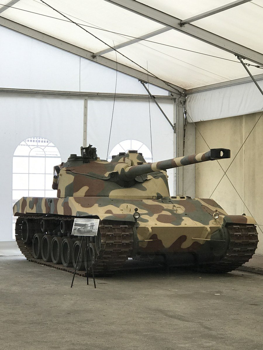 Restored Batignolles-Châtillon Char 25t prototype at Musée des Blindés, 8 September 2017. filename misspells Châtillon as 'Chatillion'; vehicle appears restored and indoors/covered. [WC1].