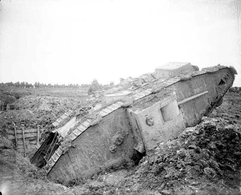 Tank identified in the caption as Mark II no. 790, ditched near Arras on 13 April 1917.