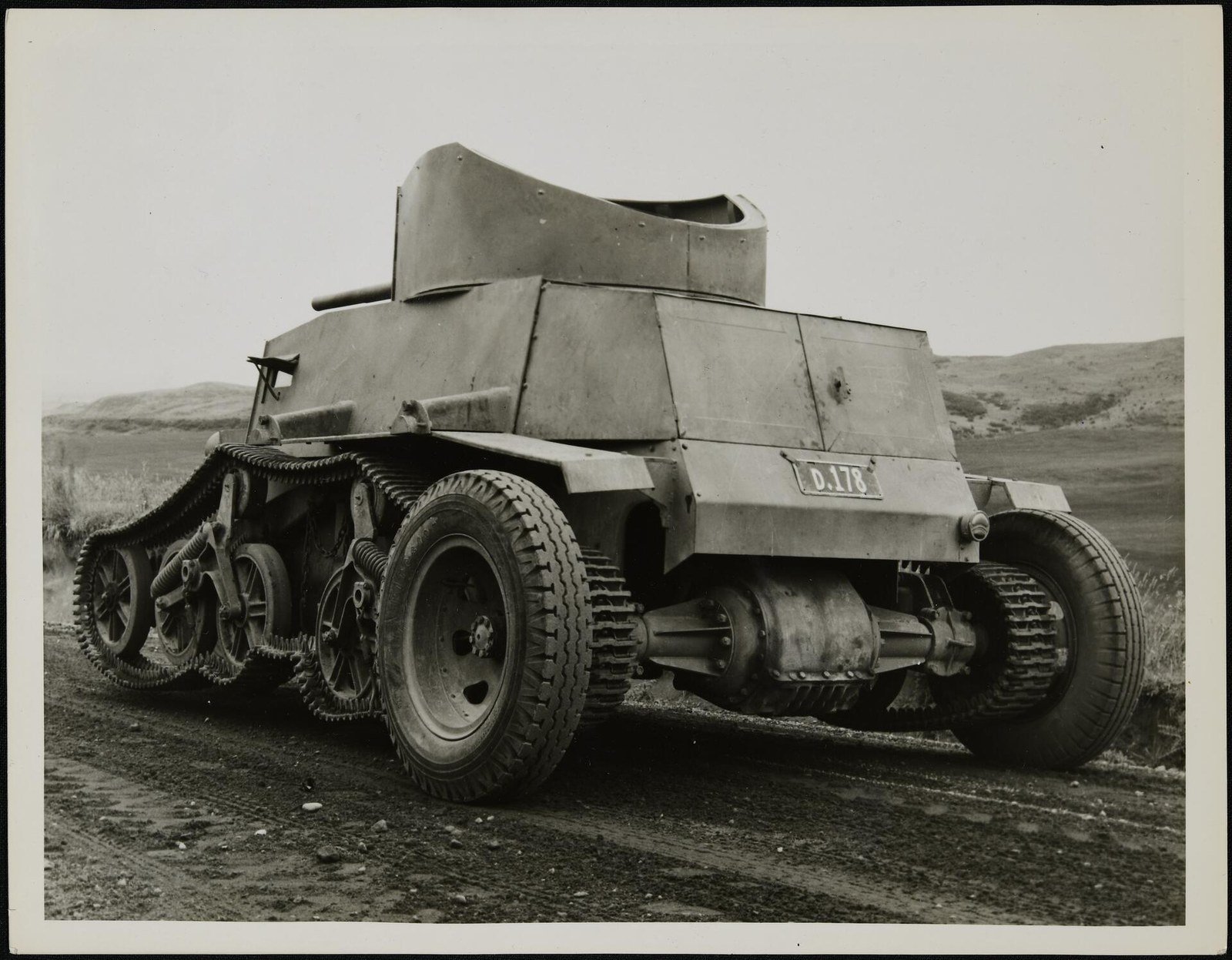 Schofield tank in a rear-left view, circa 1941–1943, showing the compact engine and drive arrangement.