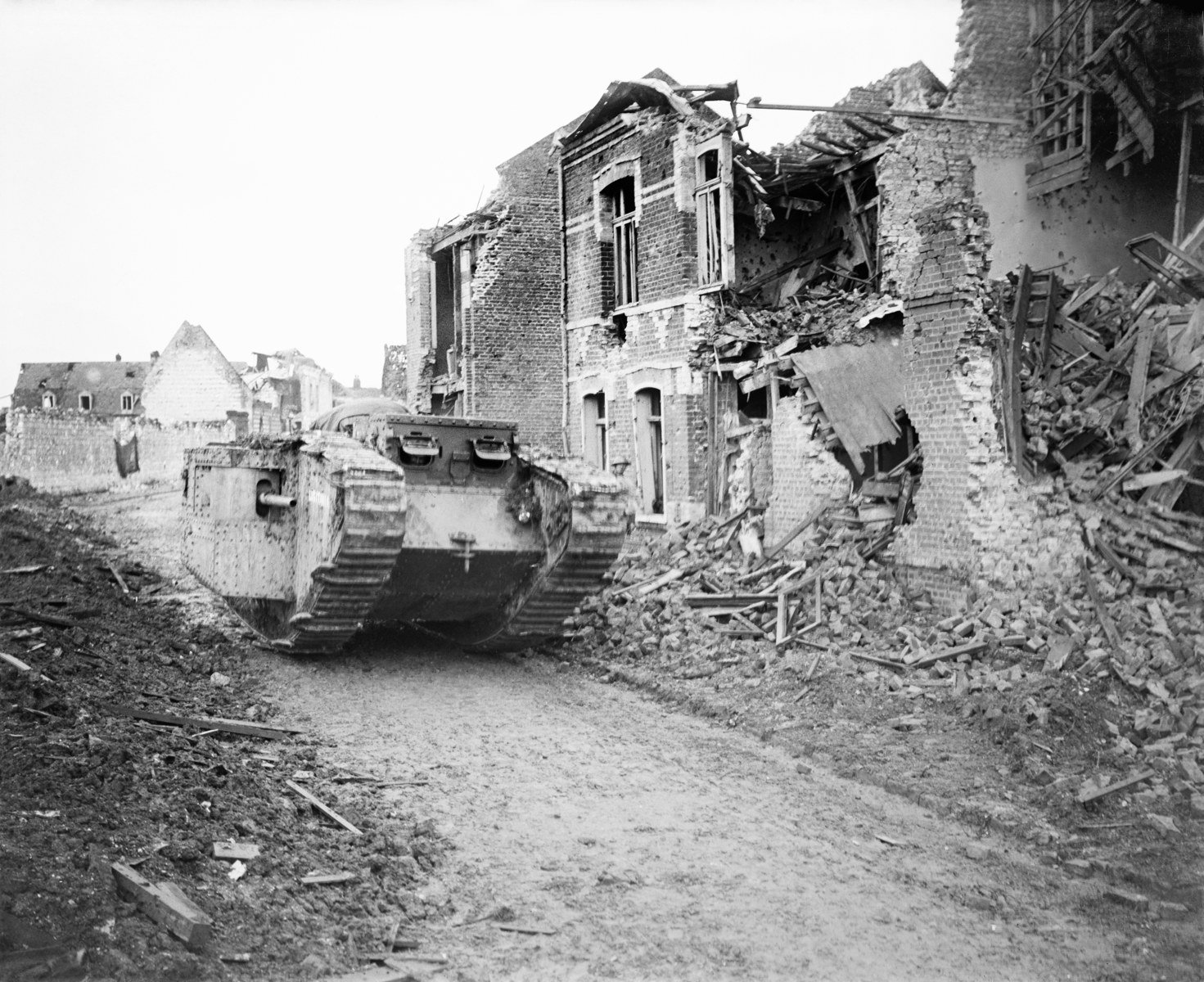 Mark II Lusitania in a ruined street at Arras, 10 April 1917, following the supplied caption.