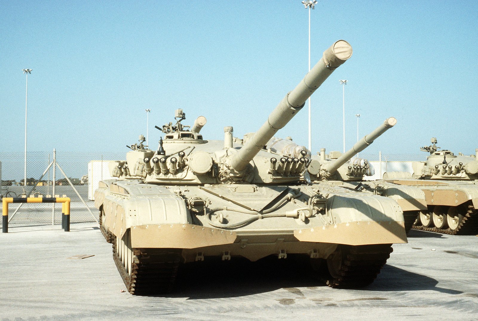 Kuwaiti M-84AB main battle tanks stored at a Saudi base during the Operation Desert Shield / post-liberation return period. date ambiguity is preserved from source metadata.
