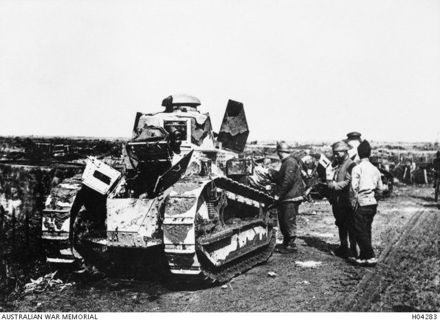 French Army Renault FT tanks on the road near St Julien, Belgium, on 2 October 1918; Australian War Memorial H04283.