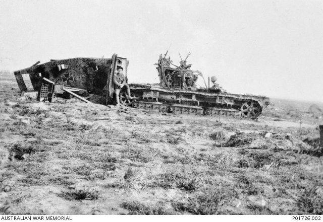 Damaged and partly dismantled A7V identified by the Australian War Memorial as apparently 561 Nixe; the qualified identification is retained.