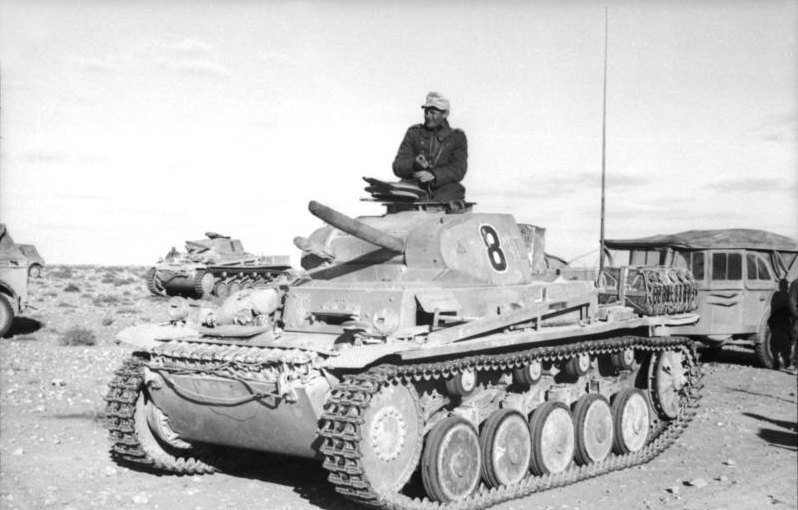 Panzer II in North Africa modified as an artillery observation tank. Vehicle/variant identification: Panzer II of 15th Panzer Division, main gun replaced by a mock-up to make room for an observer. Date/. North Africa, April 1941. Source/.