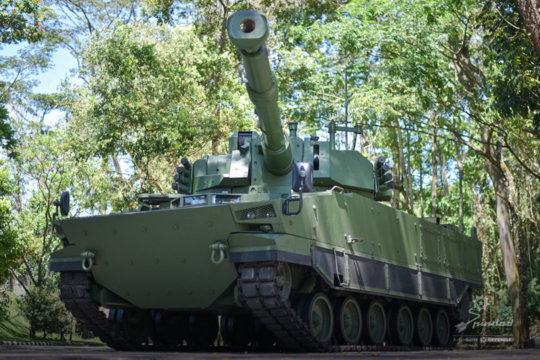 Harimau tank close-up, low front view. 7 August 2023. not stated. visible Pindad watermark; embedded because Commons lists a clear public-domain status, but the watermark indicates an official-source promotional image.