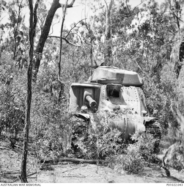General Grant M3 of 2/4th Armoured Regiment driven through bush during training between Wee Waa, New South Wales, and Murgon, Queensland, circa 1942. useful mobility/training view. [AWM-P01022.043].