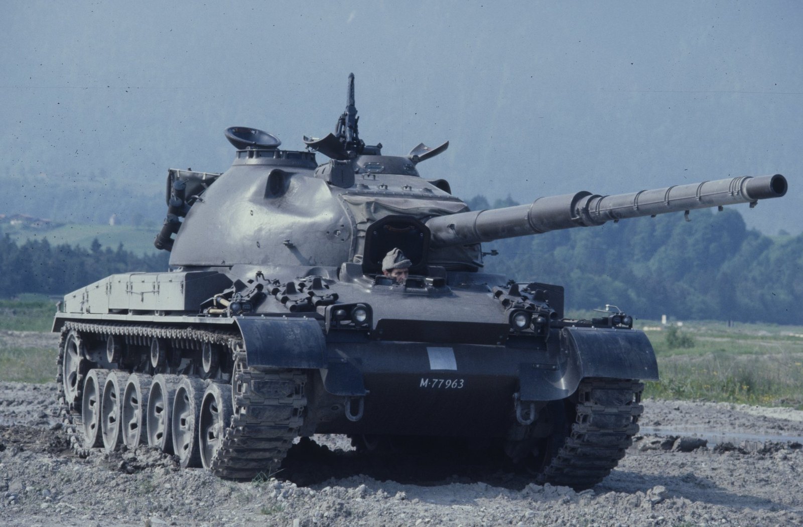 Swiss Main Battle Tank Panzer 68 photographed in 1991. useful front-quarter view.