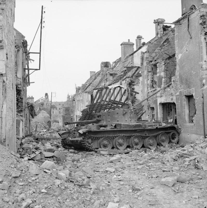 Knocked-out Cromwell OP tank at Villers-Bocage, photographed 5 August 1944.