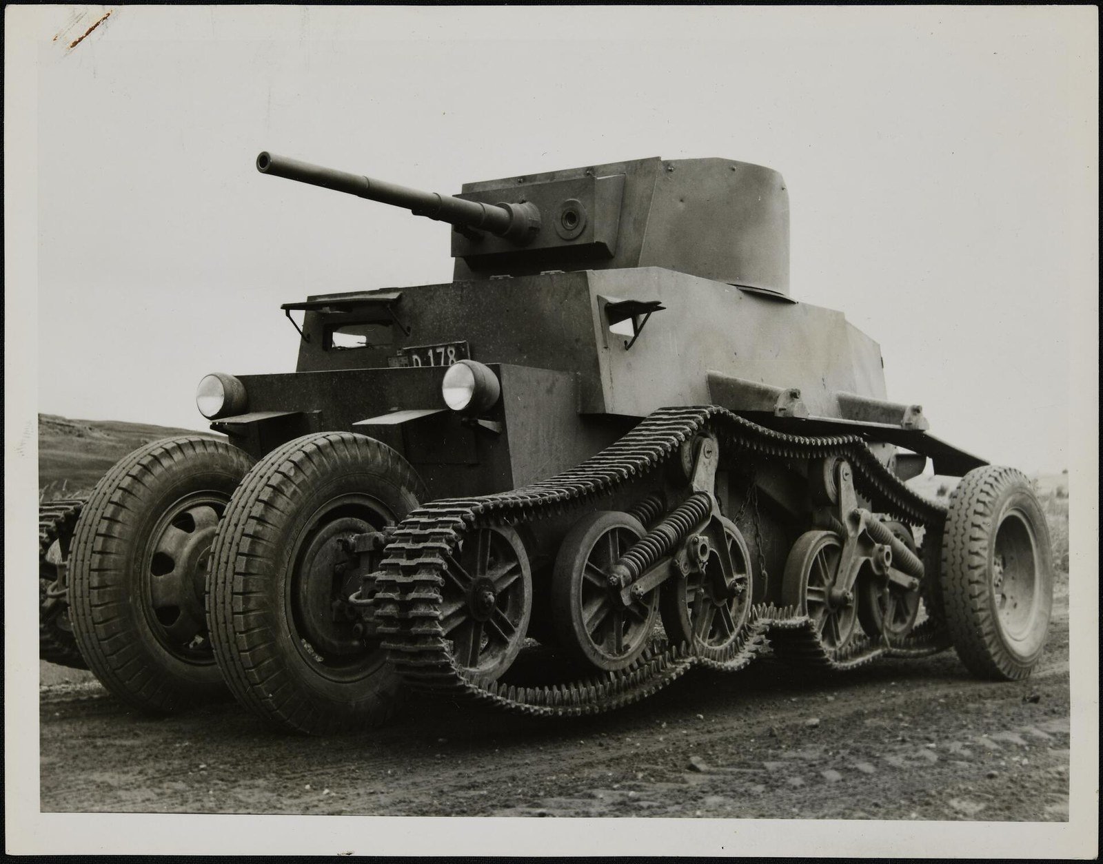 Front-left view of the Schofield tank, circa 1941-1943. The image is Shows comparing track-frame geometry and side stowage with the other trial photographs.