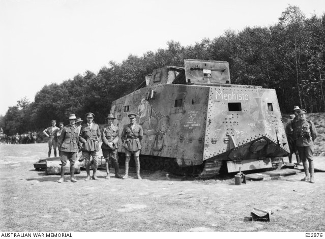 Rear-left view of Mephisto at the 5th Tank Brigade demonstration ground after recovery; Australian War Memorial C55016.