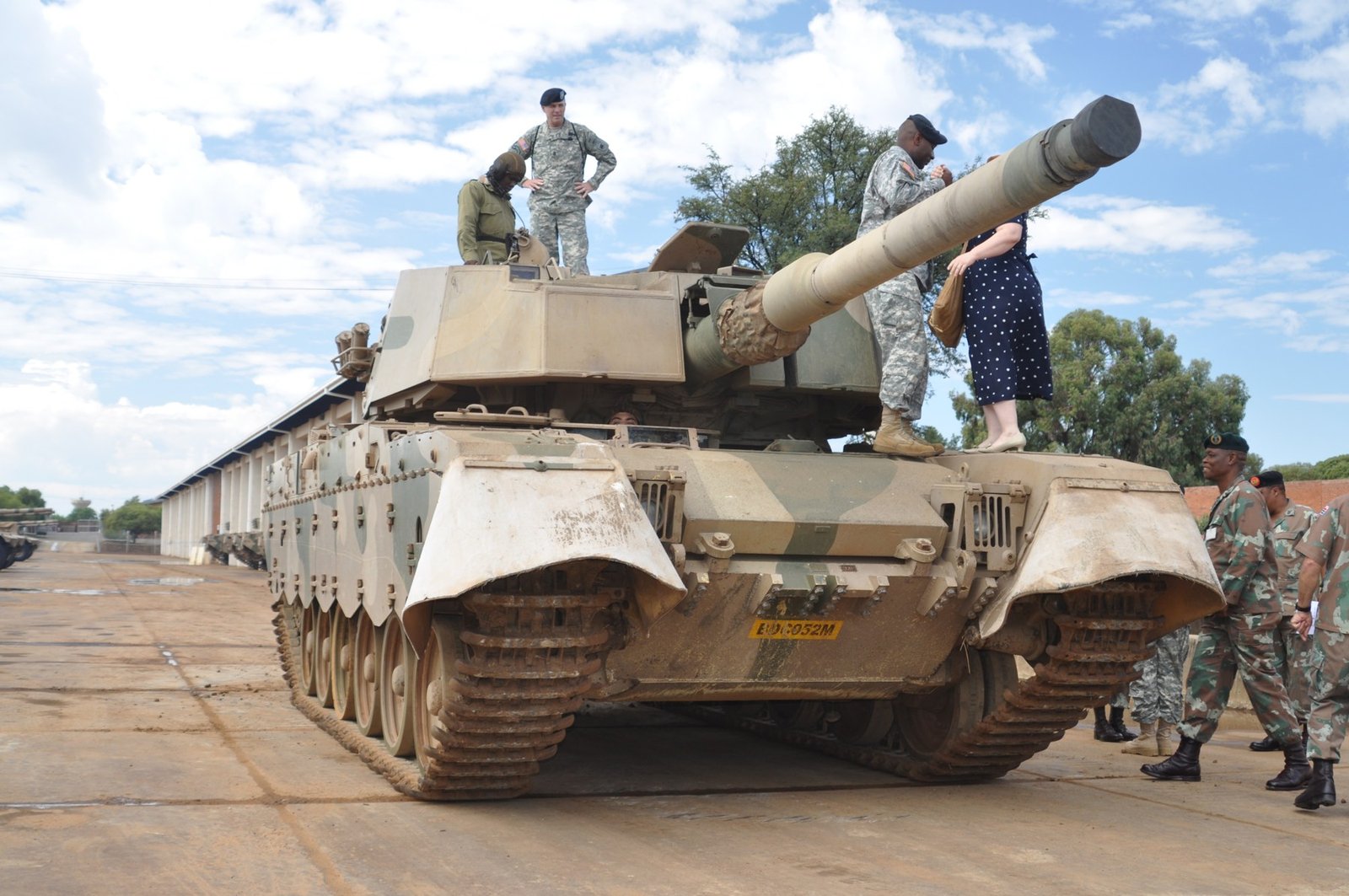 South African Olifant tank photographed during a U.S. Army Africa visit, 29 March 2011. South Africa; exact site not specified in file metadata. Source/. Shows front-quarter view and crew scale; personnel and display context may not reflect operational stowage. [S21].