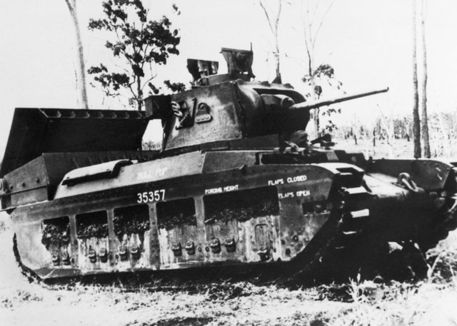 Australian Matilda experimental Hedgehog installation; the AWM catalogue describes six spigots mounted over the engine compartment.