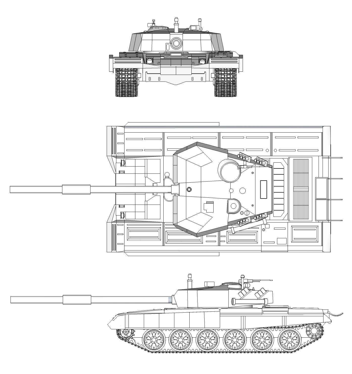 M-95 Degman three-view drawing, showing front, plan, and side profile. Technical illustration rather than photograph; Shows silhouette and armor-layout discussion, but not a substitute for factory drawings.