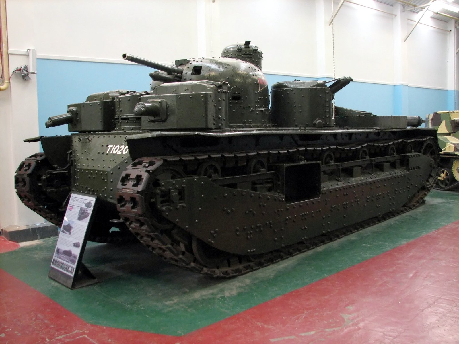 A1E1 Independent in the museum, showing the multiple-turret arrangement and T1020 marking, 28 October 2008.